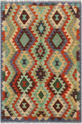 Flat Weave Kilim Antique Navaho Vintage handmade Geometric Kilim Rust Blue Hand-Woven Rectangle 100% Wool Area Rug 3x5